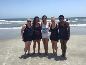 The girls' shirts say, "Shiver me timbers, Charlie's off Tinder." Mine says, "Grooms Booty." We thought we were clever.